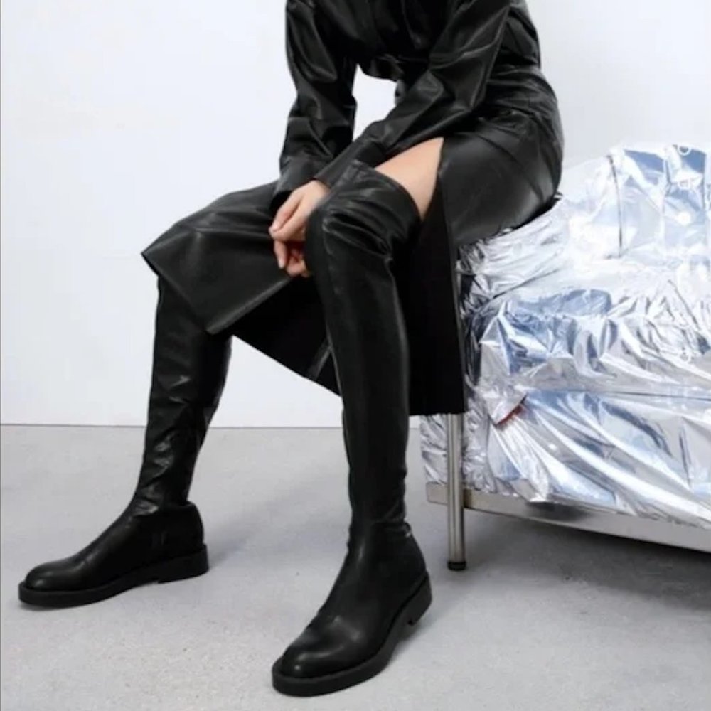 ZARA Over the Knee Thigh High Black Leather Boots 42